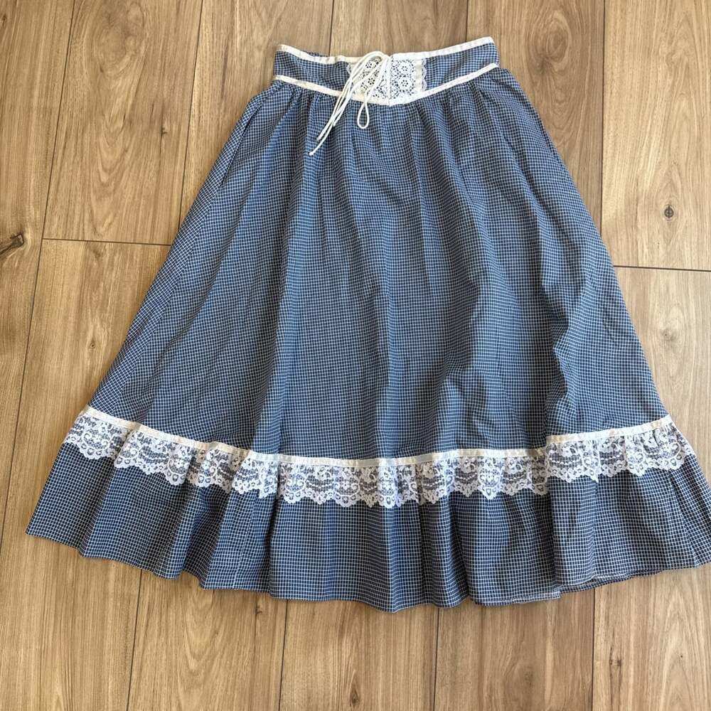 Vintage 70s Jessicas Gunnies Gunne Sax Blue Gingham Lace Corset Prairie Skirt 7